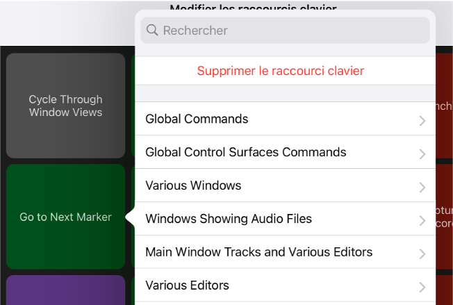 Figure. Menu contextuel Raccourcis clavier.