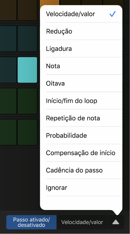 Seletor do modo de edição com o menu aberto, a mostrar os modos de edição.