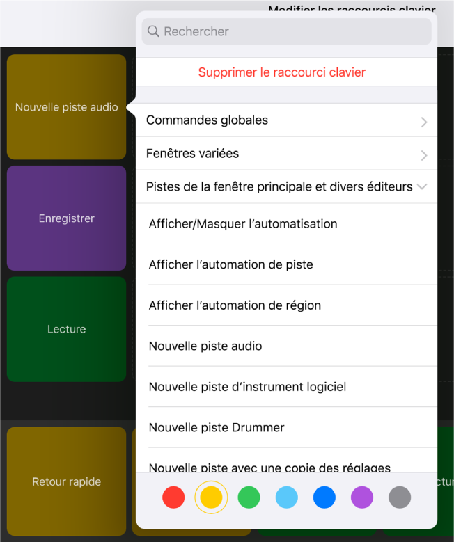 Figure. Menu contextuel Raccourcis clavier.