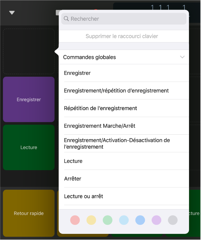 Figure. Menu contextuel Raccourcis clavier.