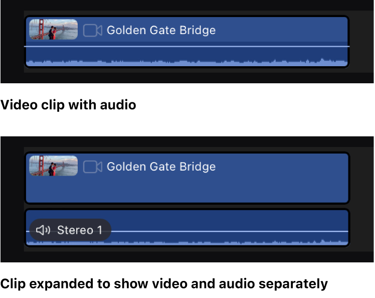 Ein Clip in der Timeline vor und nach der Erweiterung, um Video- und Audikomponenten separat anzuzeigen.