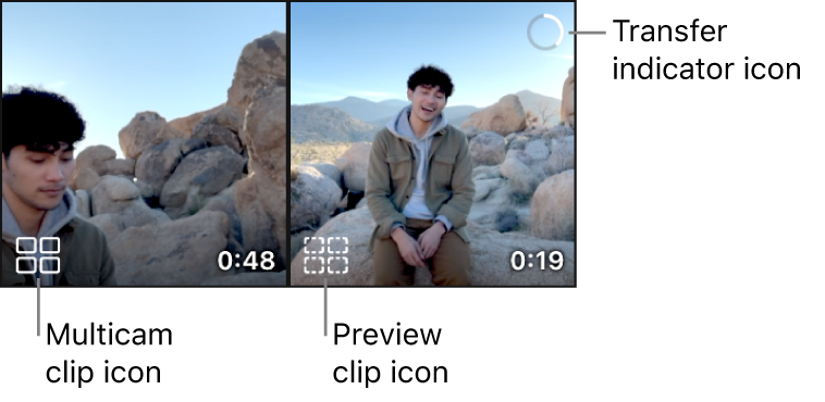 Ein Multicam-Clip mit einem Multicam-Clip-Symbol und ein zweiter Multicam-Clip mit einem Vorschau-Clip-Symbol und einem Übertragungssymbol, das anzeigt, dass eine Dateiübertragung stattfindet.