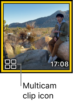 Die Miniatur eines Clips in der Übersicht mit einem Multicam-Clip-Symbol unten links.