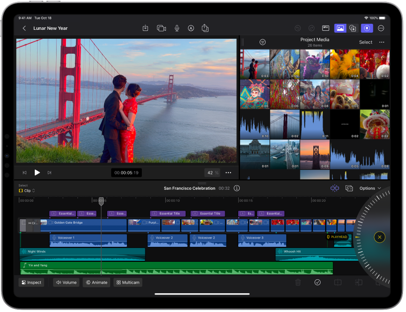 Das Fenster von Final Cut Pro für das iPad mit Viewer, Übersicht und Timeline.