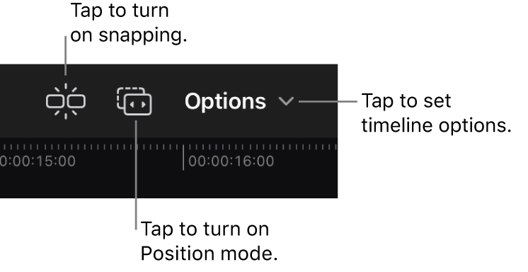 Tasten oben rechts in der Timeline, mit denen die Modi „Einrasten“ und „Position“ aktiviert und weitere Timeline-Optionen festgelegt werden können.