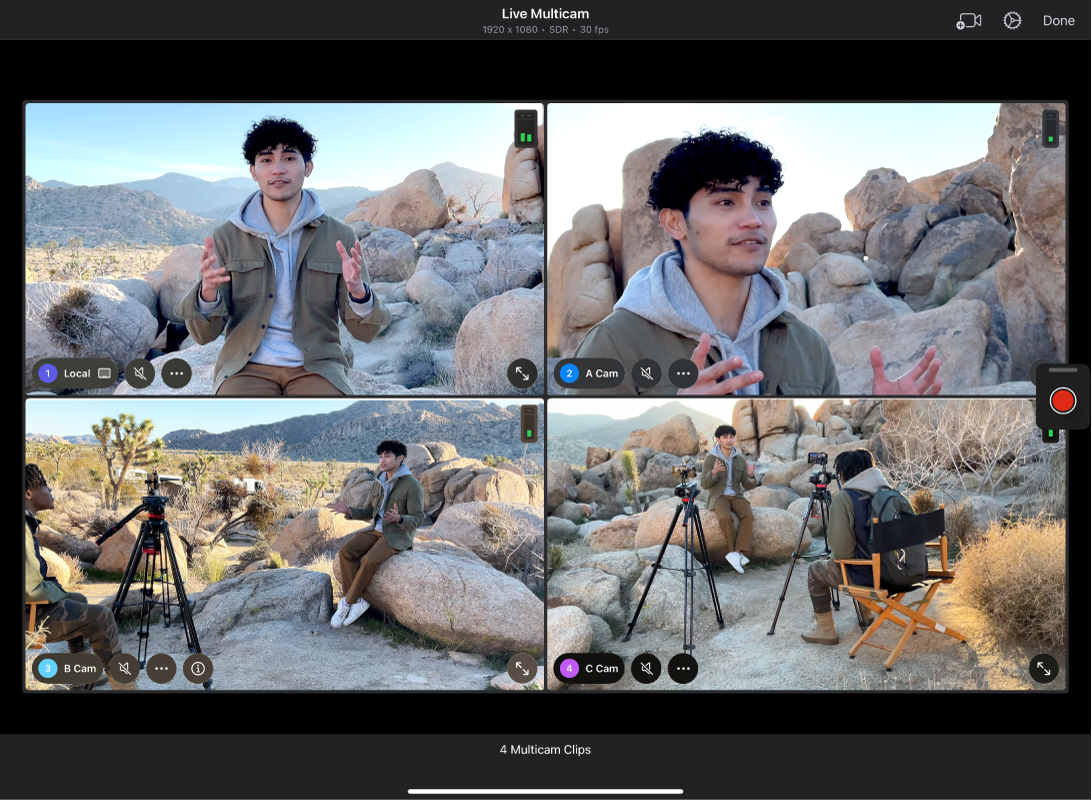 A Live Multicam recording session with four camera angles.