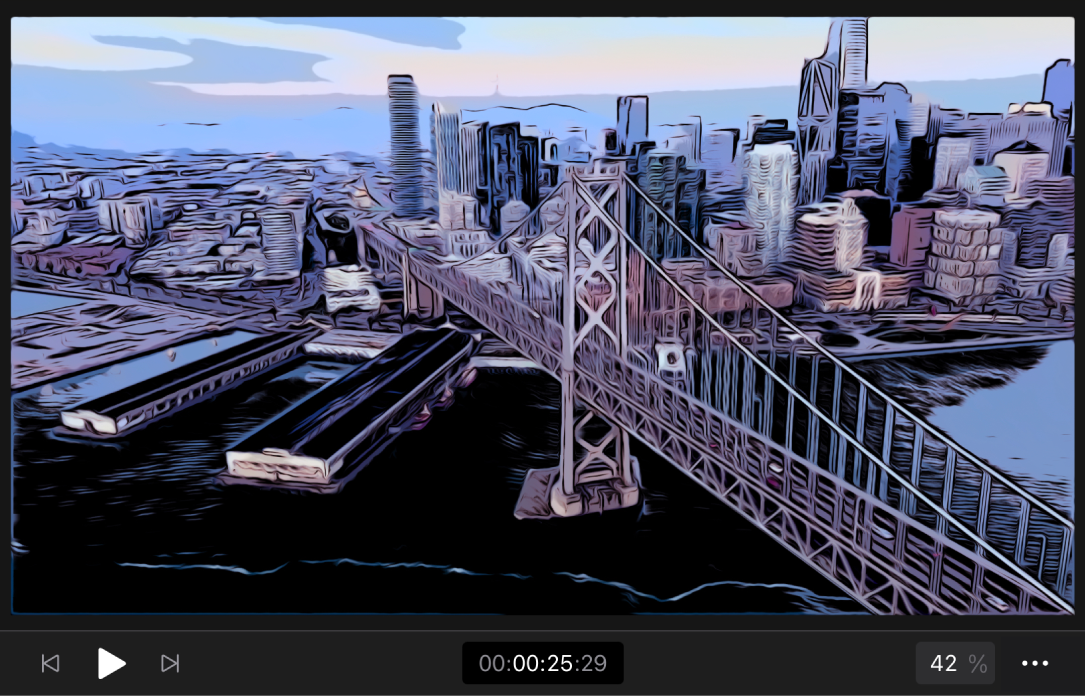 The viewer showing an image that has the Comic effect applied, transforming a cityscape into colorful line art.