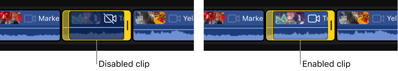 El mismo clip desactivado y activado en la línea de tiempo.