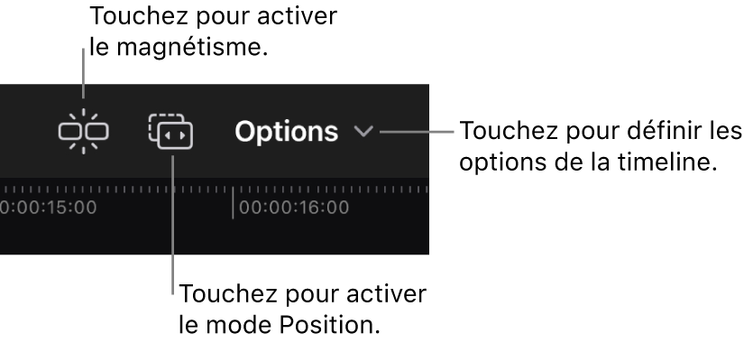 Boutons disponibles dans le coin supérieur droit de la timeline, destinés à activer le magnétisme et le mode Position et à définir d’autres options de la timeline.