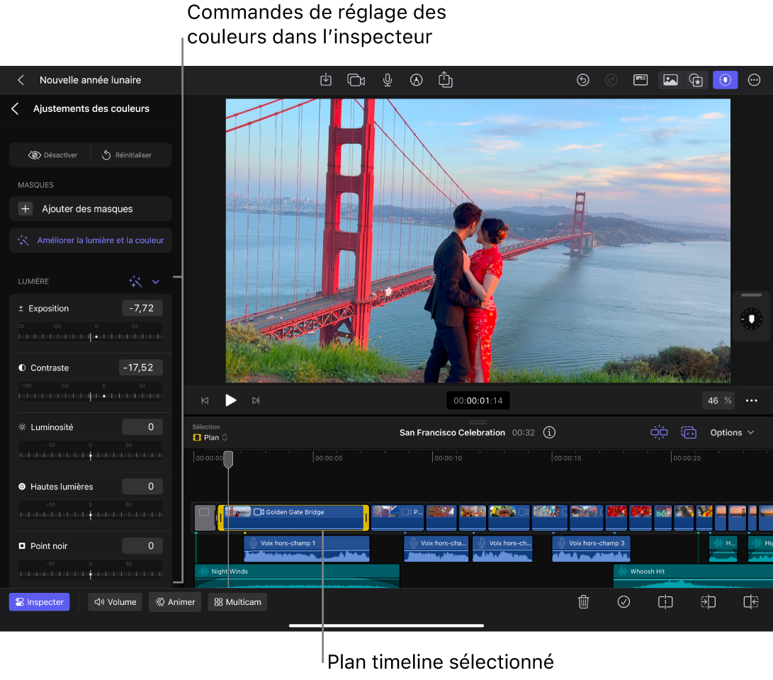 Un plan sélectionné dans la timeline, et l’inspecteur ouvert sur la gauche montrant les commandes d’ajustement des couleurs.