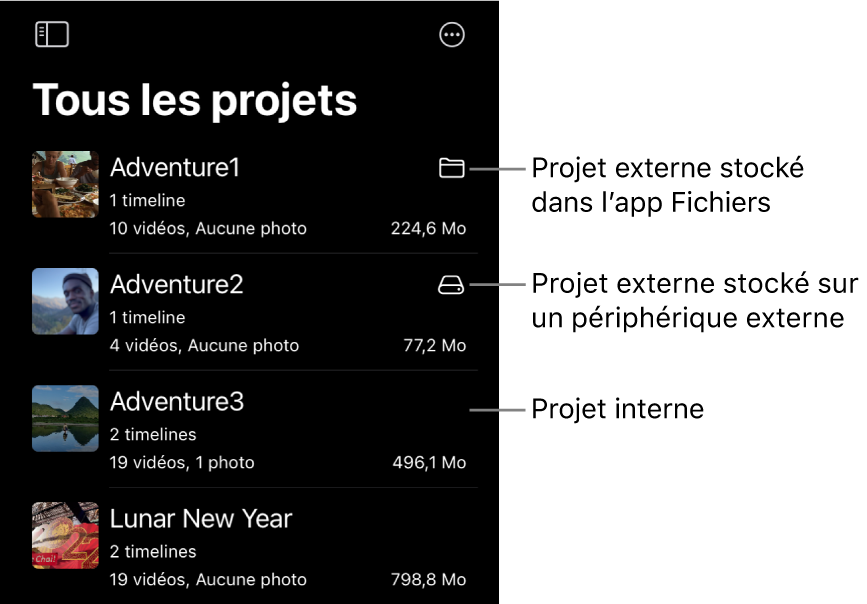 Projets dans la liste de projets, avec des icônes indiquant des projets stockés dans l’app Fichiers ou sur un périphérique externe.