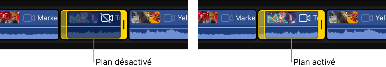 Le même plan désactivé et activé dans la timeline.