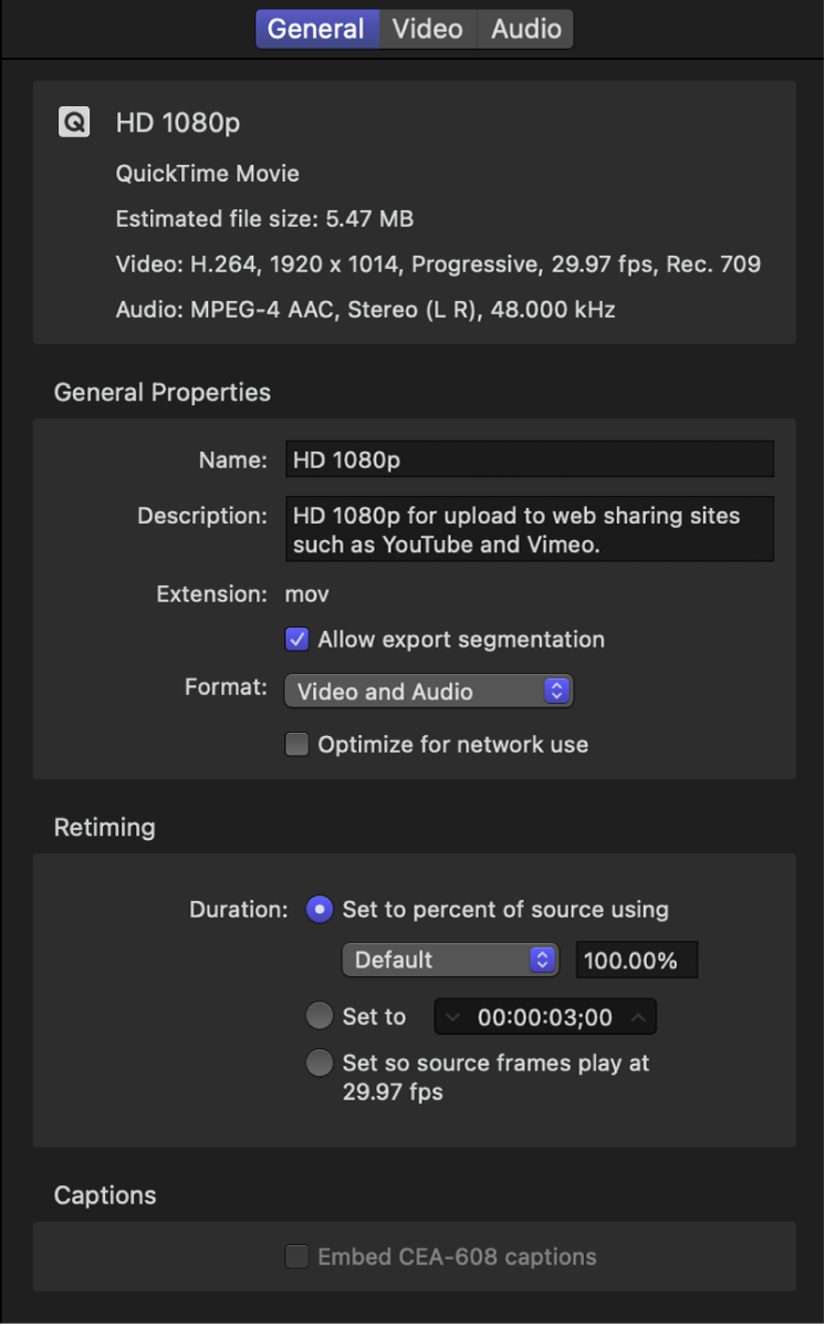 Das Informationsfenster zeigt die Eigenschaften einer HD 1080p-Voreinstellung.