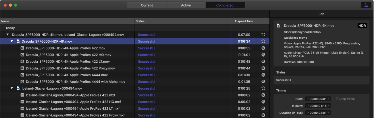 Compressor window showing Completed view with inspector open