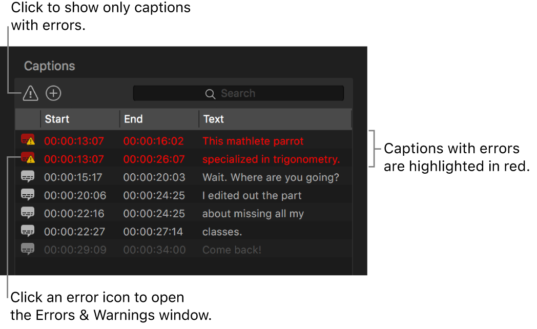 Captions list showing captions with errors highlighted in red