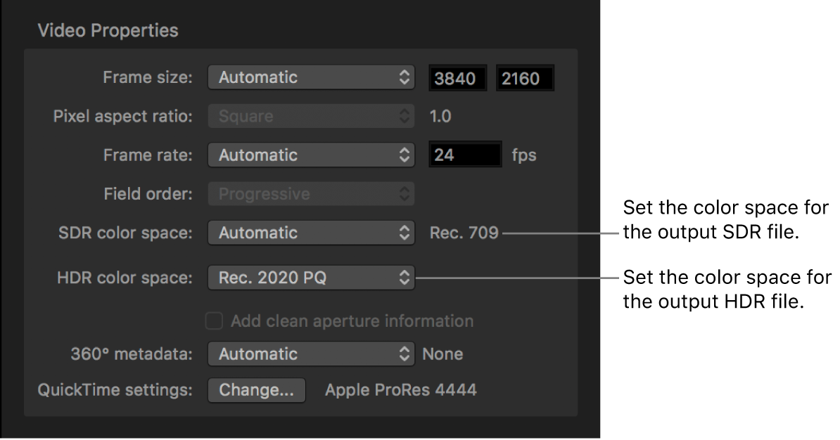 Video Properties are of the Video inspector showing the SDR color space pop-up menu and the HDR color space pop-up menu, where you set the color space for the output files.