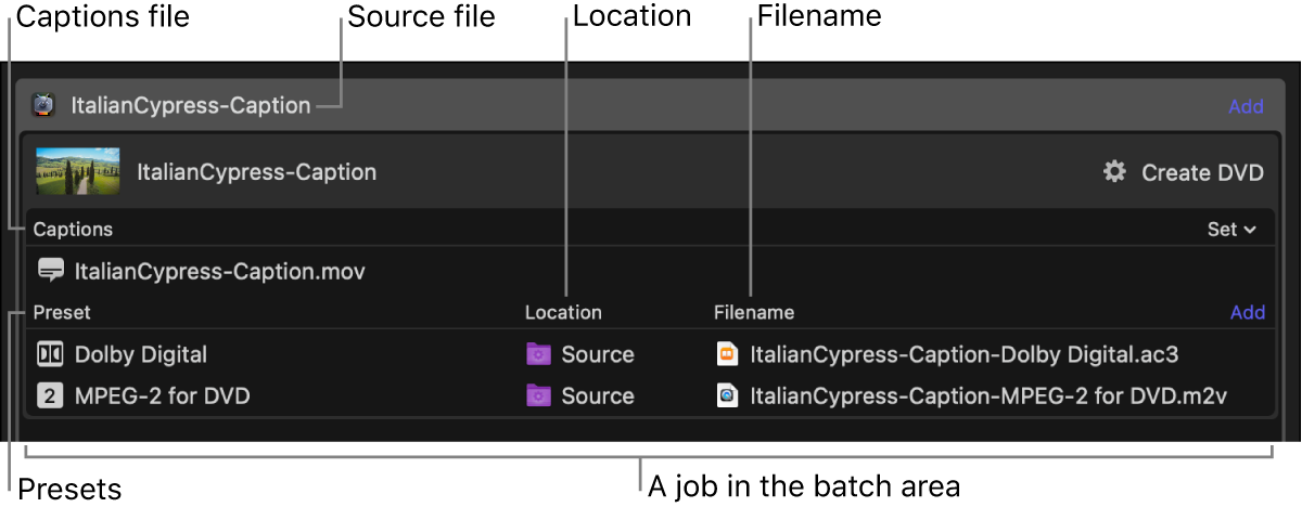 A job in the batch area with multiple presets.