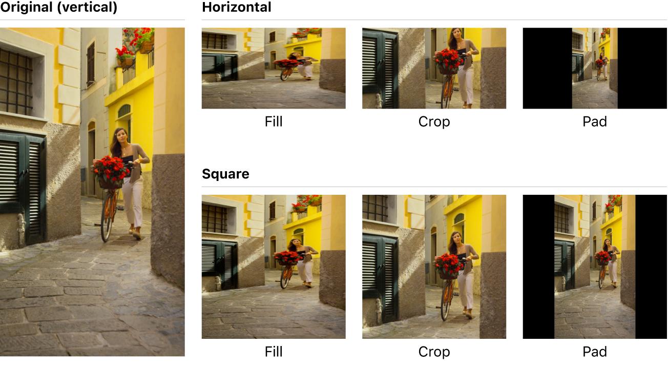 Un ejemplo de adaptación de vídeo vertical a horizontal y cuadrado con diversas opciones.