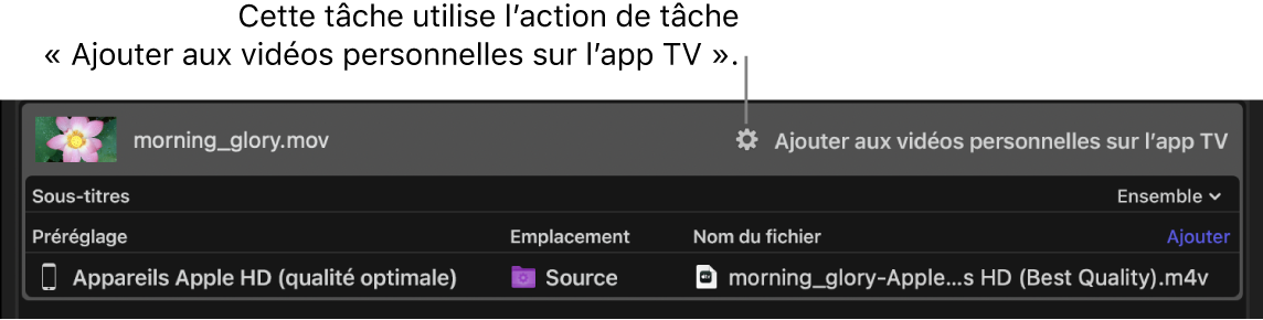 Une tâche dans Compressor avec la tâche dʼaction « Ajouter aux vidéos personnelles sur l’app TV » appliquée.