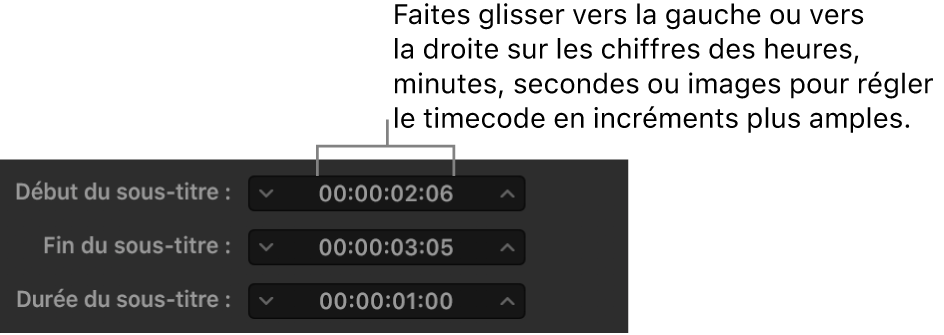 Champs de synchronisation des sous-titres montrant le timecode et les champs de glissement des heures, minutes, secondes et images