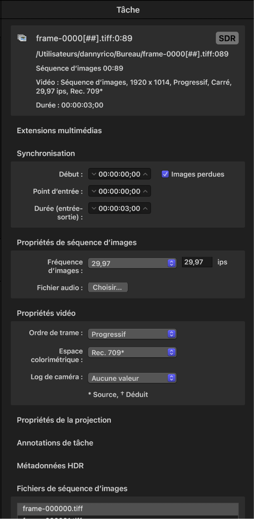 Inspecteur de tâche affichant les propriétés pour une séquence d’images