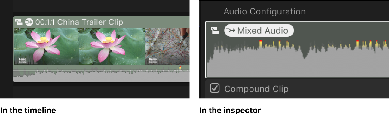 Der gleiche Clip in der Timeline und im Informationsfenster „Audio“ mit dem Symbol „Gemischtes Audio“