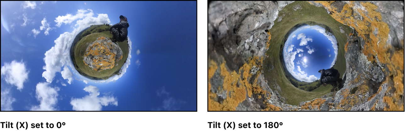 Das Bild eines kleinen Planeten links, bei dem Parameter „Neigung“ auf 0° eingestellt ist, und demselben Bild rechts, bei dem Parameter „Neigung“ auf 180° eingestellt ist, wodurch ein invertierter kleiner Planet erzeugt wird.