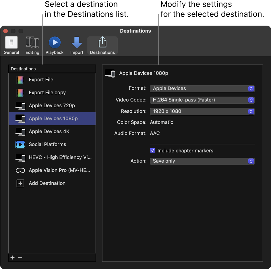 Der Bereich „Ziele“ im Final Cut Pro-Fenster „Einstellungen“ mit dem Ziel „Apple-Geräte 1080p“ ist links in der Liste ausgewählt