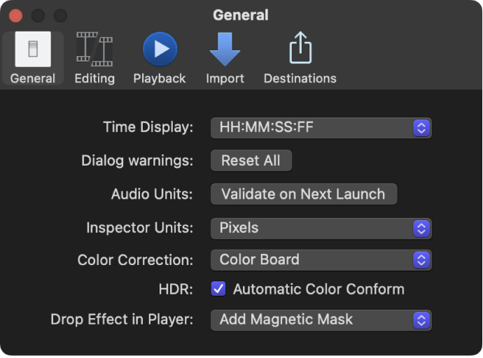 Bereich „Allgemein“ im Final Cut Pro-Fenster „Einstellungen“