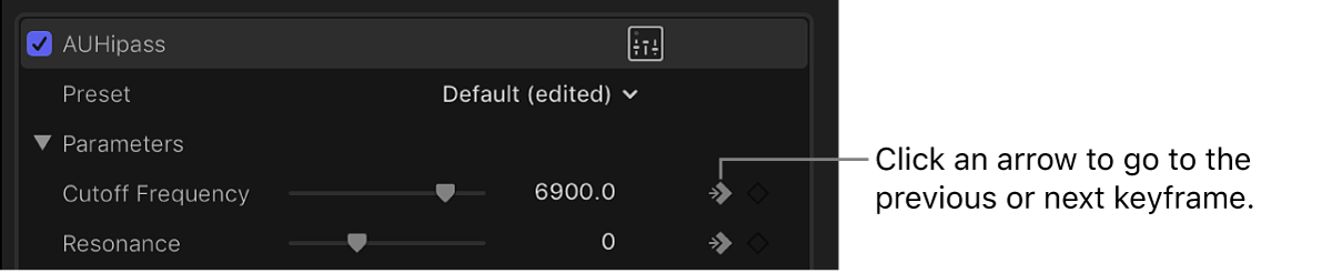 Die Pfeiltaste neben der Taste „Keyframe“ für einen Effekt im Informationsfenster „Audio“