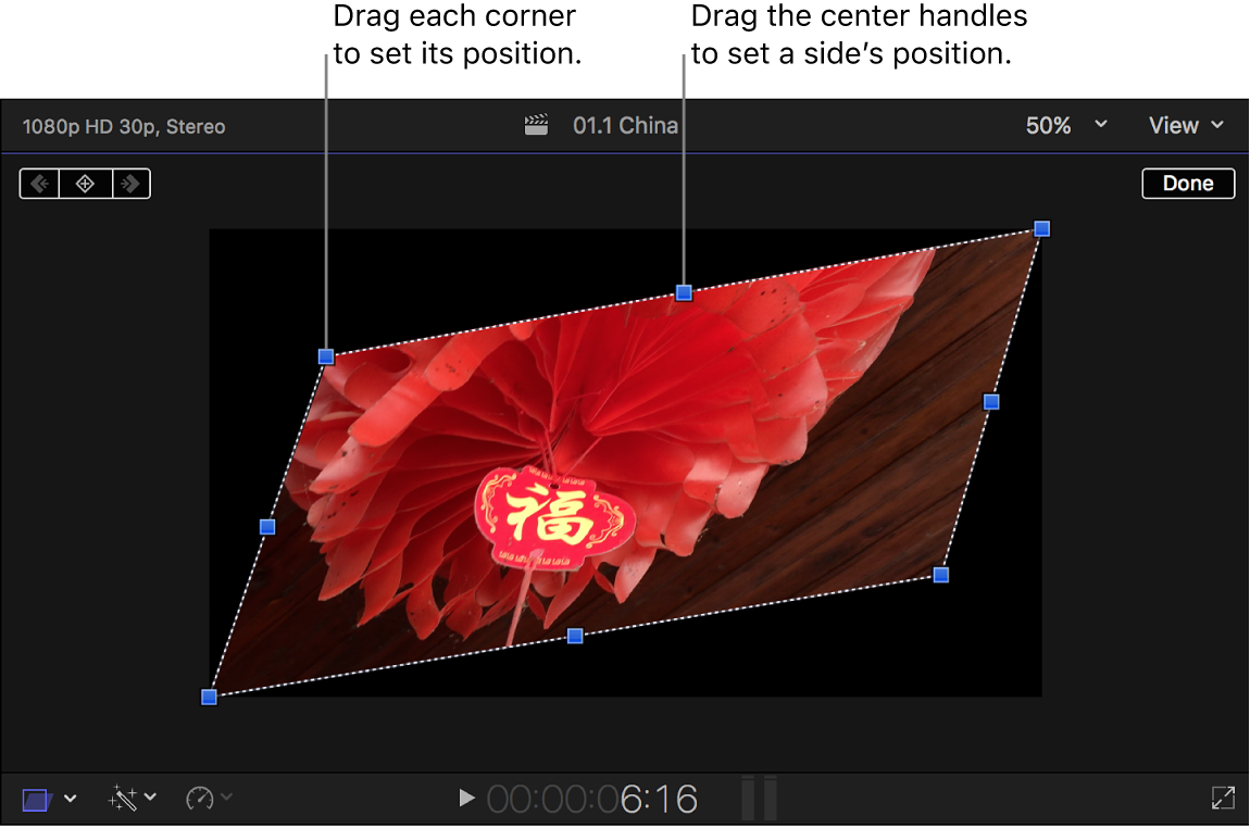 Der Viewer mit den On-Screen-Steuerelementen des Effekts „Verzerren“