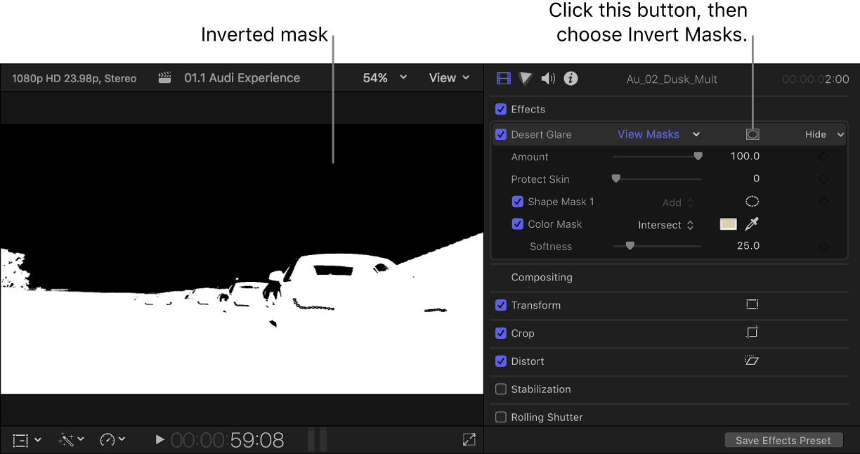 Der Viewer auf der linken Seite mit dem invertierten Alpha-Kanal einer Maske und das geöffnete Informationsfenster „Video“ auf der rechten Seite mit der Taste „Effektmasken anwenden“