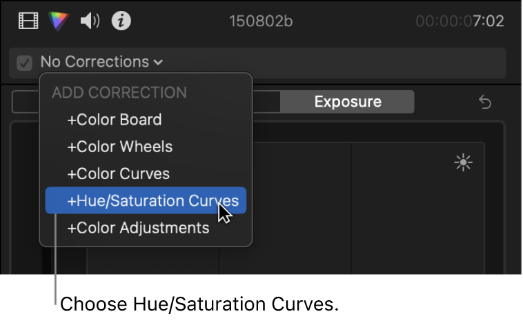 Hue/Saturation Curves being chosen from the Add Correction section of the pop-up menu at the top of the Color Inspector