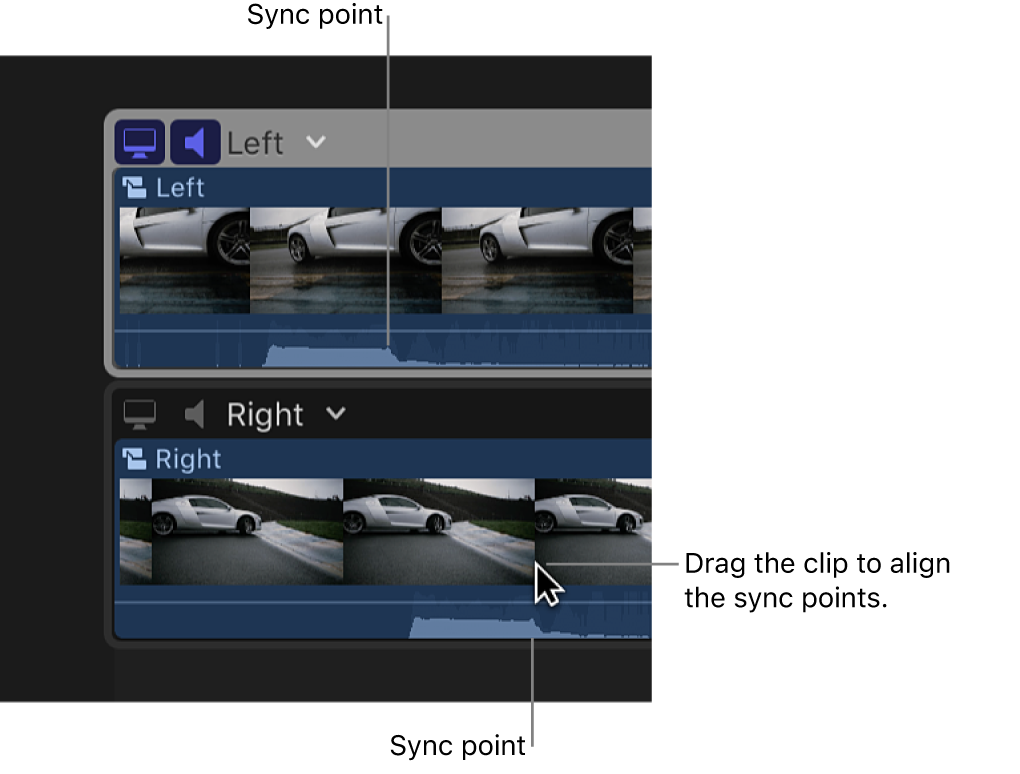 Two clips in the angle editor. One is being dragged so that sync points align.