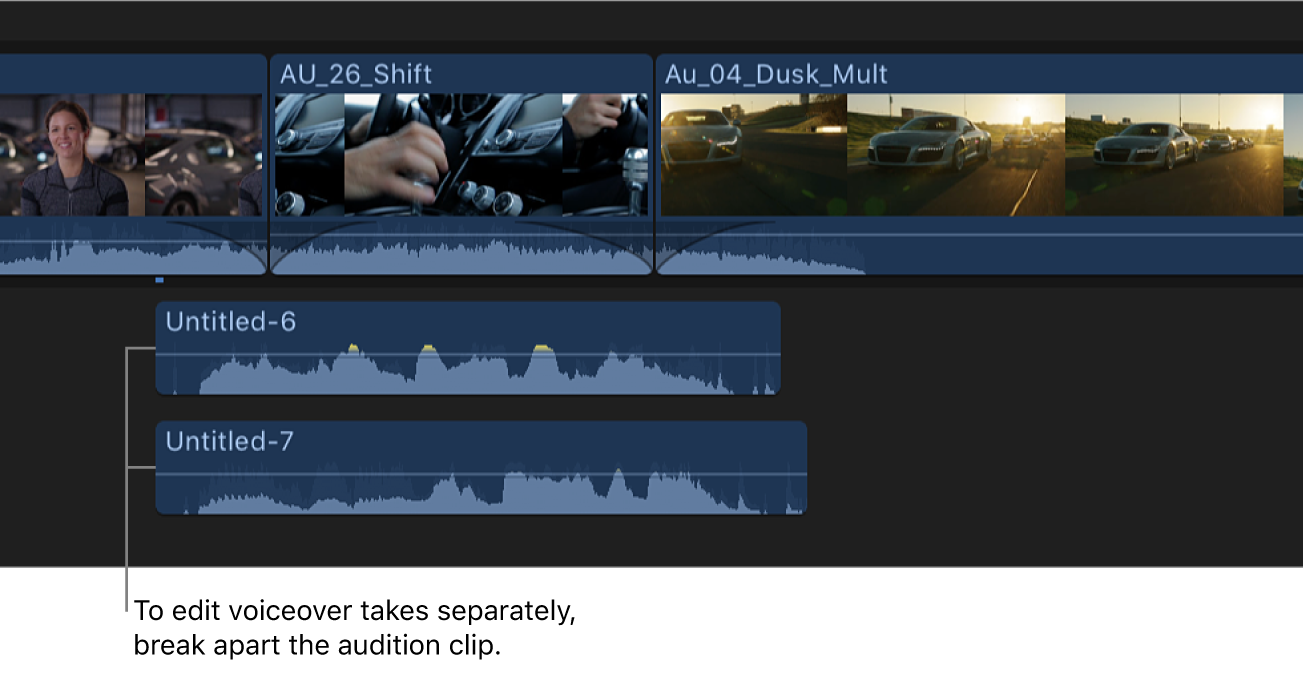 The timeline showing a voiceover audition clip broken into separate clips