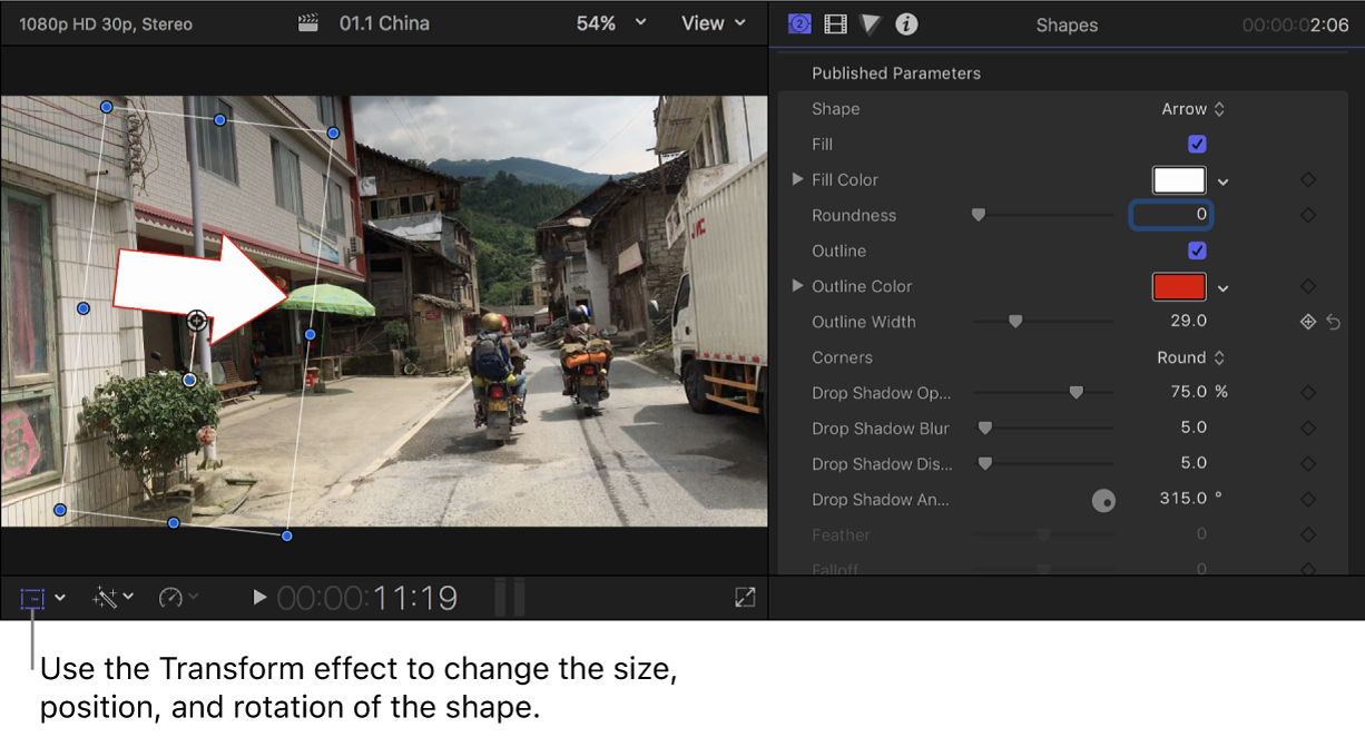 The viewer on the left showing an arrow superimposed over the video image, and the Generator inspector on the right showing the settings for the Shapes generator clip