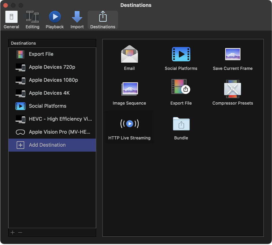 The Destinations pane of the Final Cut Pro Settings window