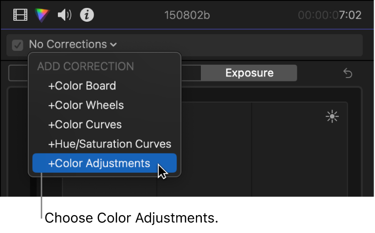 The Color Adjustments effect being chosen from the Add Correction section of the pop-up menu at the top of the Color inspector