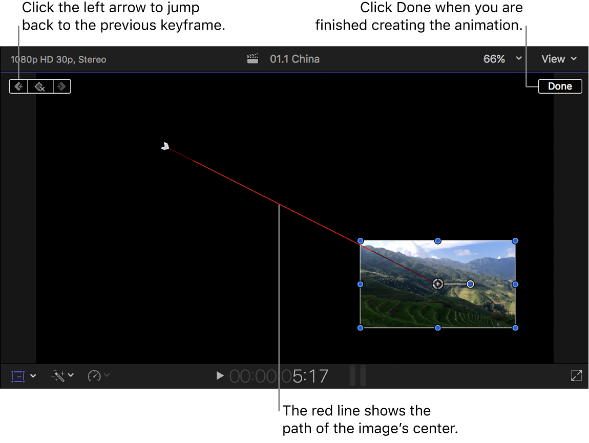 The viewer showing the Transform effect, with two keyframes set and a red line between keyframes indicating the image path