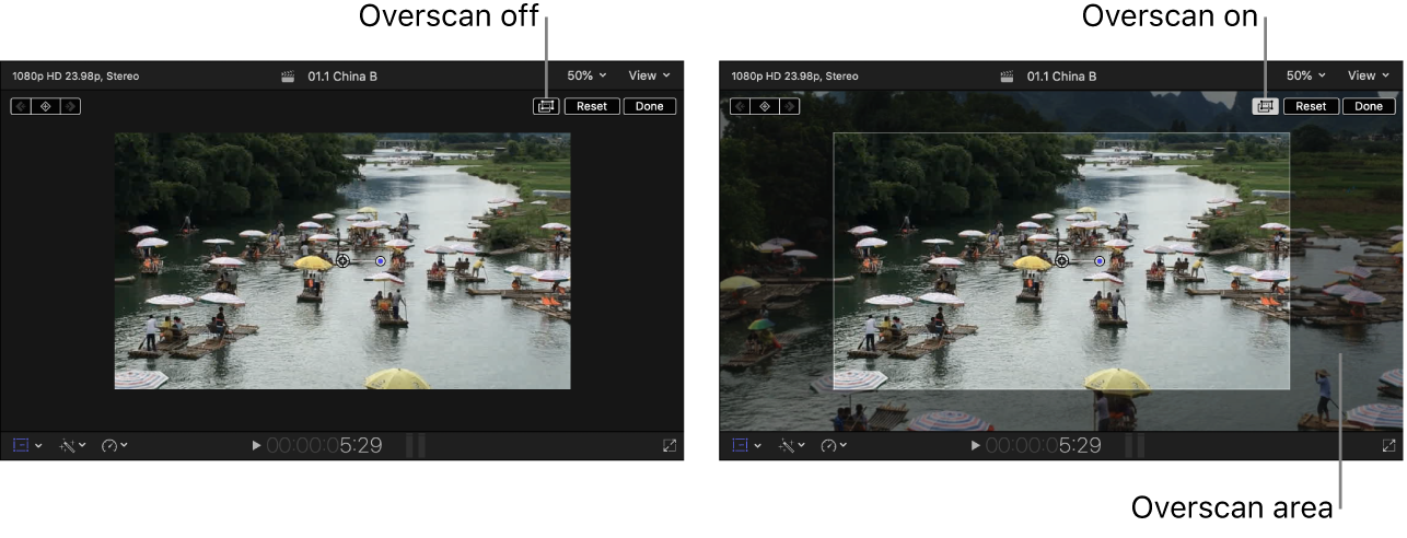 On the right, the viewer with overscan on, showing parts of the image outside of the viewer; on the left, the viewer with overscan off