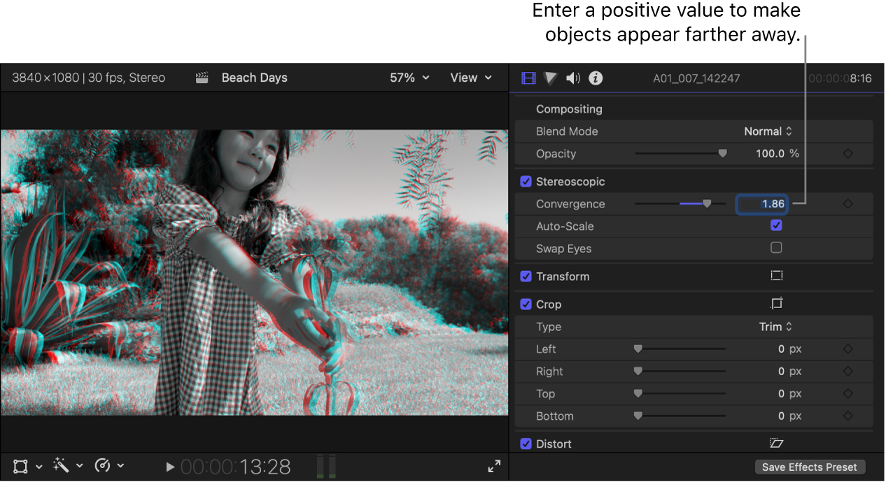 The viewer showing a stereo clip in Anaglyph Monochrome view, and the inspector showing the Convergence slider set to a positive value. In the viewer, the child’s face no longer has a red edge.