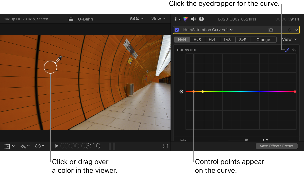 The viewer on the left with the eyedropper over a color in the image, and the Color inspector on the right showing the Hue vs Hue controls