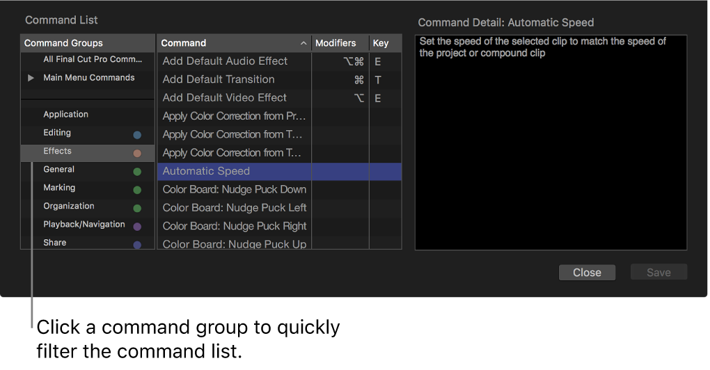 The Command Editor window showing commands and shortcuts for the selected command group