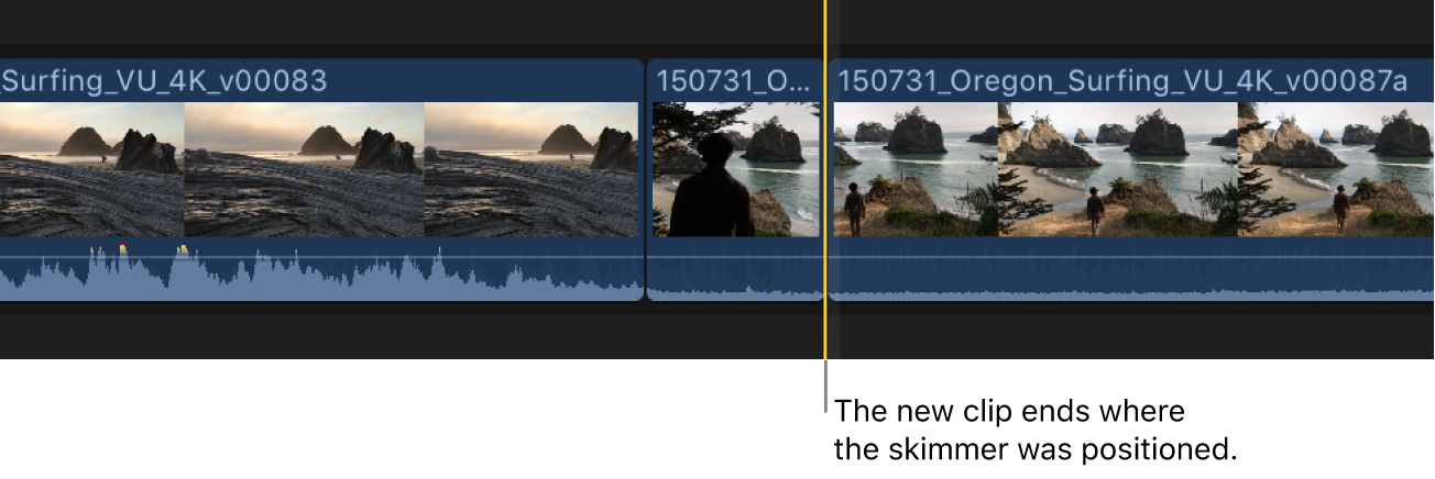 The new clip shown added to the timeline, with the end point at the skimmer location