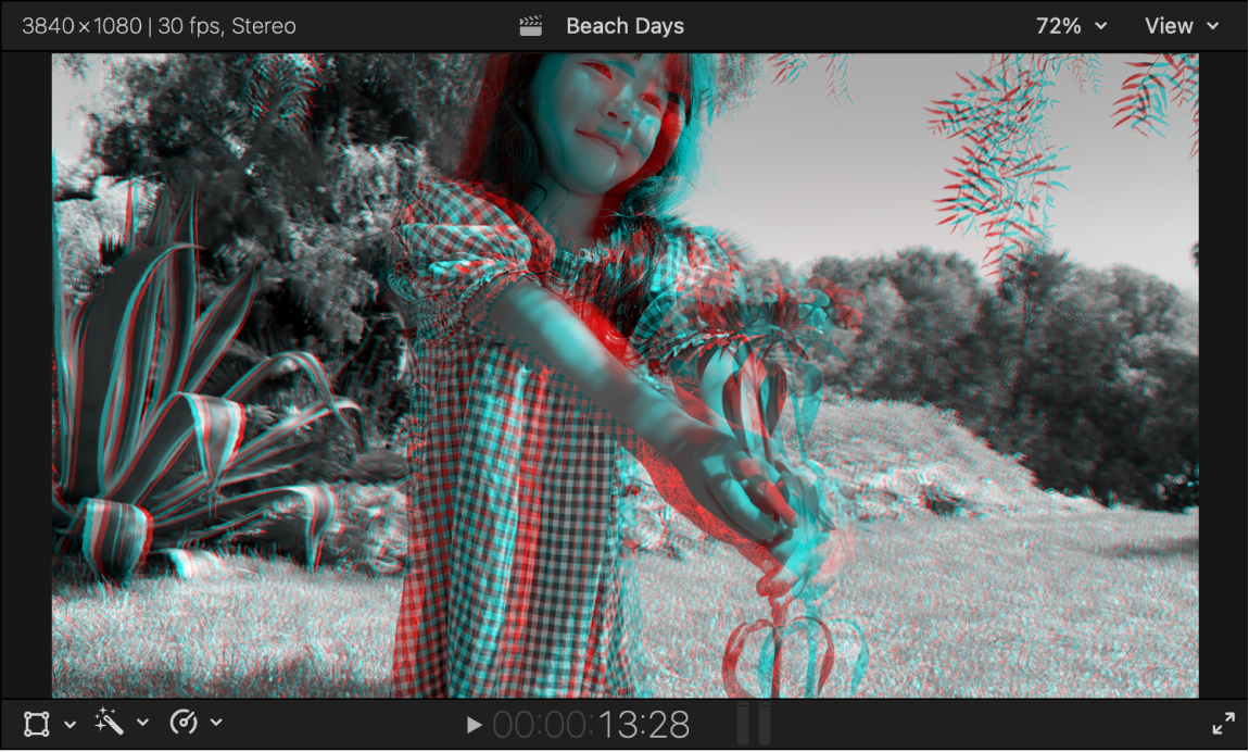 The viewer showing a stereo video clip in Anaglyph Monochrome view