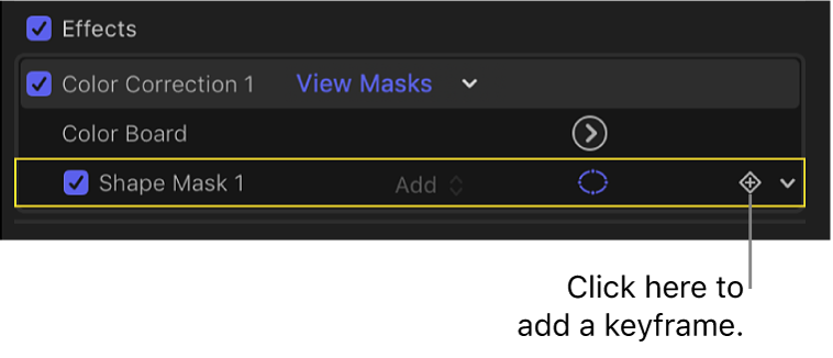 The Video inspector showing the Keyframe button for a shape mask