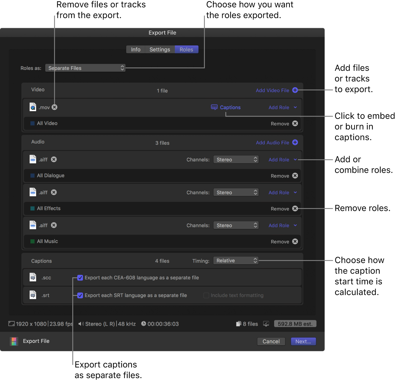 The Settings pane of the Share window for the Export File destination