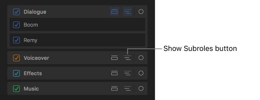 The Show Subroles button for a role in the Roles pane of the timeline index