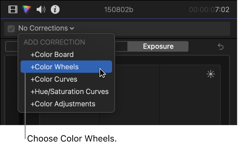 Color Wheels being chosen from the Add Correction section of the pop-up menu at the top of the Color inspector