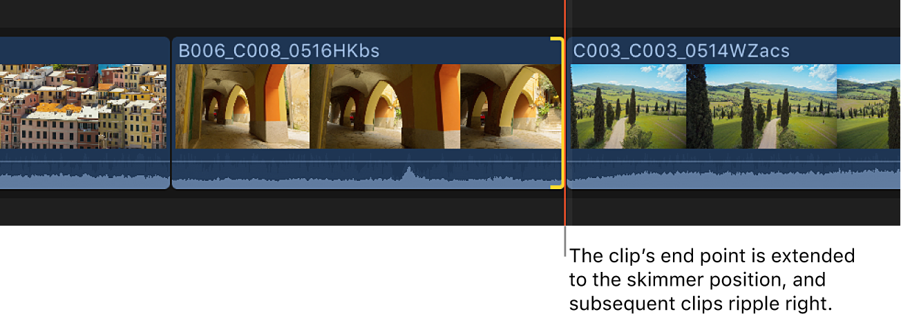 The clip’s end point shown extended to the skimmer position in the timeline